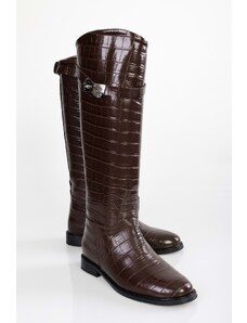 Shoeberry Women's Matia Brown Crocodile Rider Long Boots