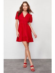 Trendyol Red Waist Opening V-Neck Bow Detailed Woven Mini Dress