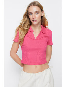 Trendyol Fuchsia Fitted Crop Polo Neck Ribbed Stretchy Knitted Blouse