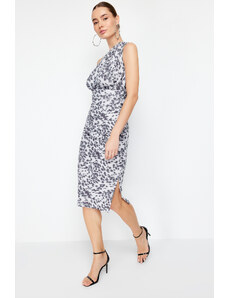 Trendyol Gray Floral Leopard Fitted/Sitting on the Body Single Shoulder Asymmetric Shir Detail