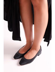 Shoeberry Women's Ellisy Black Two-tone Oval Toe Flats Black Skin.