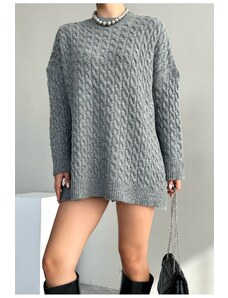 Laluvia Gray Hair Knit Detailed Crew Neck Sweater with Side Slits