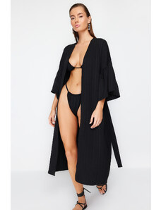 Trendyol Black Belted Maxi Woven Flounce Linen Blend Kimono & Kaftan