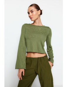 Trendyol Khaki Boat Collar Regular Fit Crop Knitted Blouse