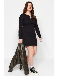 Trendyol Curve Black Ribbed Knitted Dress with Snap Collar