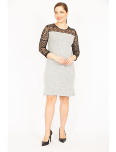Şans Women's Plus Size Gray Dress With Lace Detail