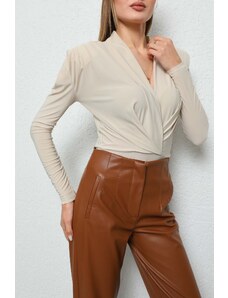 BİKELİFE Women's Beige Double Breasted Neck Zipped Blouse with Padded Shoulders