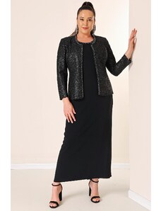 By Saygı Collar Stone Lined Long Crepe Dress Sequin Jacket Plus Size 2-Piece Suit