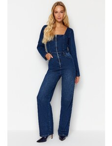 Trendyol Dark Blue Square Collar Zippered Denim Overalls