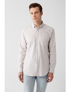 Avva Men's Beige 100% Cotton Oxford Buttoned Collar Striped Regular Fit Shirt