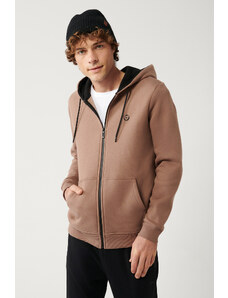 Avva Light Brown Unisex Sweatshirt Hooded Inner Collar Fleece 3 Thread Zipper Regular Fit