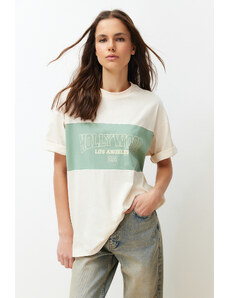 Trendyol Stone Color Block City Print Oversize/Wide-Fit Knitted T-Shirt