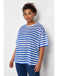 Trendyol Curve White-Blue Striped Transparent Oversize Knitted Linen Look Blouse