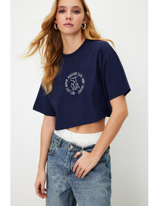 Trendyol Navy Blue 100% Cotton Embroidered Crop Crew Neck Knitted T-Shirt