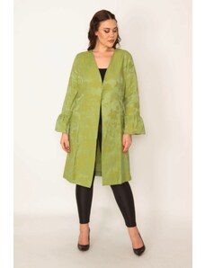 Şans Women's Plus Size Green Sleeve Detailed Single-Clip Closed Unlined Cape