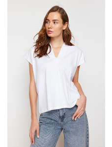 Trendyol White 100% Cotton V-neck Moon Sleeve Knitted T-Shirt