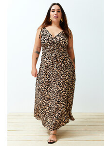 Trendyol Curve Camel Maxi Slit Detailed Leopard Patterned Woven Dress