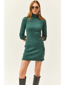 Olalook Women's Green Full Turtleneck Thick Ribbed Mini Dress