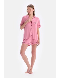 Dagi Pink Short Sleeve Embroidery Detailed Viscose Shirt Shorts Pajamas Set