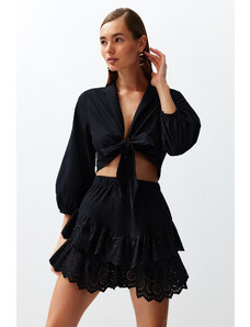 Trendyol Black Mini Woven Ruffle 100% Cotton Skirt