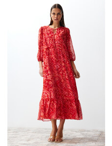 Trendyol Pink Shawl Pattern Straight Cut Maxi Lined Chiffon Woven Dress