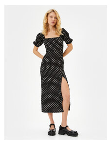 Koton Tie Back Polka Dot Dress Window Detail Midi Length Short Balloon Sleeve Square Neck