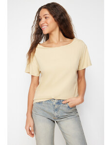 Trendyol Dark Beige 100% Cotton Oversize/Wide Fit Boat Neck Knitted T-Shirt