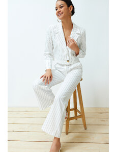 Trendyol Ecru Regular Crop Striped Woven Blazer Jacket