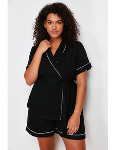 Trendyol Curve Black Tie and Piping Detailed Woven Pajamas Set
