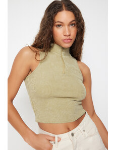 Trendyol Khaki Worn/Faded Effect Fitted Zippered Ribbed Cotton Stretch Knitted Blouse