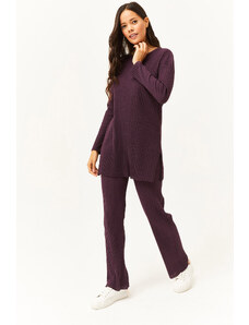 Olalook Women's Damson Top Slit Blouse Bottom Palazzo Ribbed Suit