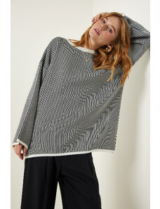 Happiness İstanbul Women's Black and White Striped Oversize Knitwear Sweater