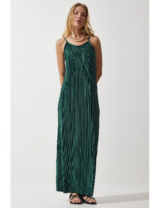 Happiness İstanbul Women's Emerald Green Strappy Summer Pleated Dress