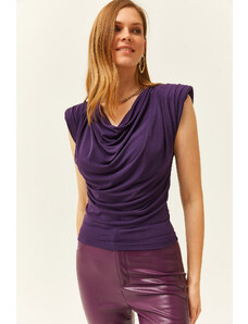 Olalook Women's Purple Waisted Degashed Collar Flowy Blouse