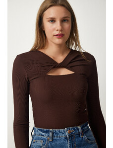 Happiness İstanbul Women's Brown Cut Out Detailed Ribbed Knitted Blouse