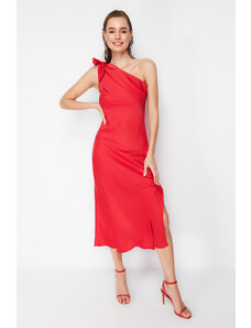 Trendyol Red Sleeve Detailed Satin Elegant Evening Dress