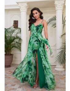 Carmen Green Printed Strap Long Evening Dress