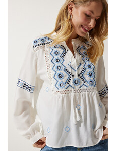 Happiness İstanbul Women's White Embroidered Woven Blouse