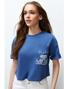 Trendyol Indigo 100% Cotton Pocket Embroidery Detail Crop Knitted T-Shirt