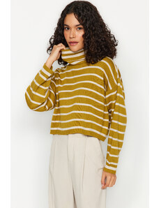 Trendyol Mustard Crop Striped Knitwear Sweater