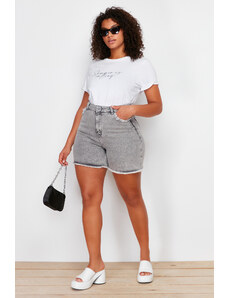 Trendyol Curve Gray Pocket and Tassel Detailed Mini Denim Shorts