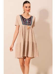 Bigdart 2429 Embroidered Knitted Dress - Beige