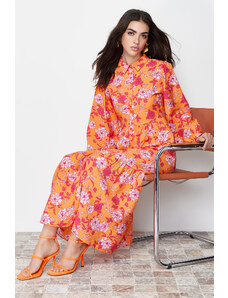 Trendyol Orange Floral Pattern Woven Shirt Dress