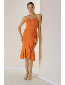 By Saygı Flounce Lined Crepe Dress with Rope Strap Skirt