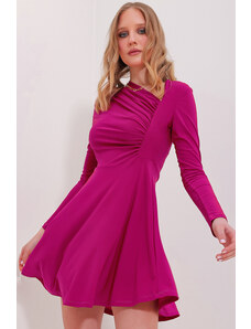 Trend Alaçatı Stili Women's Violet Asymmetric Collar Draped Sandy Flared Dress