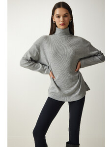 Happiness İstanbul Women's Gray Turtleneck Ribbed Oversize Knitted Blouse