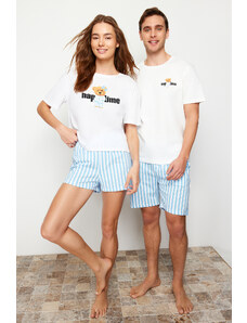 Trendyol Blue Ecru Striped Regular Fit Couple Knitted Pajamas Set