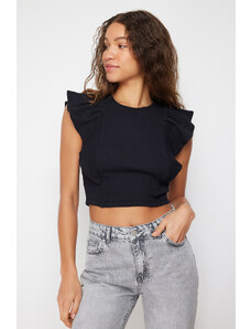 Trendyol Black Ribbed Flexible Crop Knitted Blouse With Frilly Sleeves