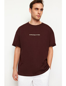 Trendyol Dark Brown Oversize Fluffy Text Printed 100% Cotton T-Shirt