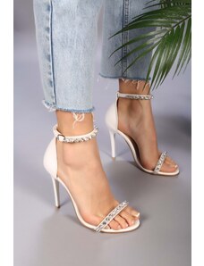 Shoeberry Women's Penol White Skin Stones Single Strap Heeled Shoes.